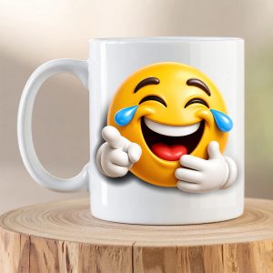 Laughing Tears Emoji Mug featuring a happy 3D emoji laughing with tears of joy