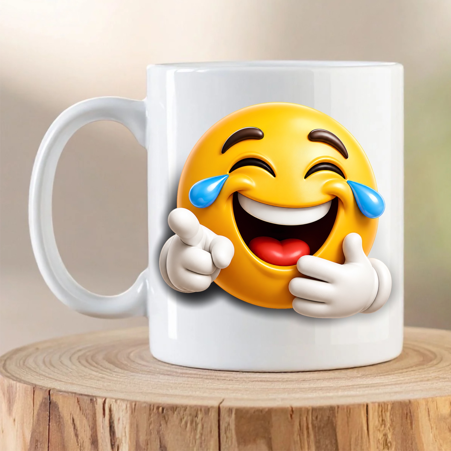 Laughing Tears Emoji Mug featuring a happy 3D emoji laughing with tears of joy
