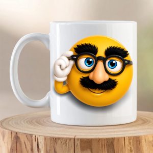 Disguise Emoji Mug featuring a funny 3D emoji wearing glasses, moustache and novelty disguise