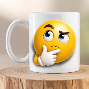 Thinking Emoji Mug featuring a 3D thinking face emoji with hand on chin