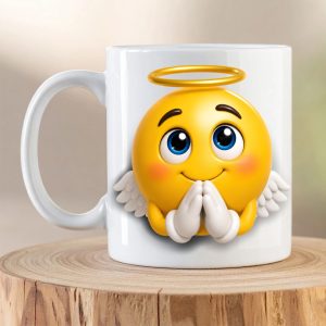 Angel Emoji Mug featuring a cute 3D angel emoji with halo and wings