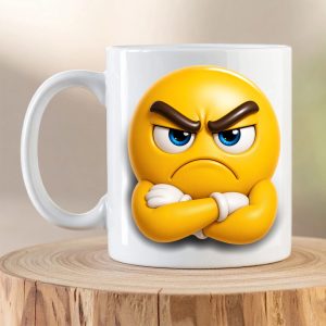 Angry Emoji Mug featuring a grumpy 3D emoji with folded arms