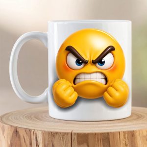 Angry Emoji Mug featuring a fierce 3D emoji with clenched fists and gritted teeth