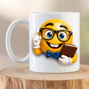 Nerd Emoji Mug featuring a smiling emoji with glasses, bow tie and book