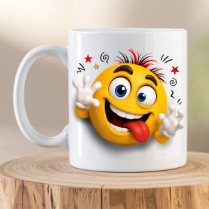 Crazy Emoji Mug featuring a funny 3D emoji with crazy hair and tongue sticking out