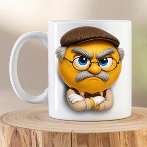 Grumpy Grandpa Mug featuring a funny 3D grandfather character with glasses and a flat cap