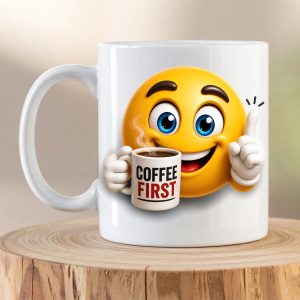 Coffee First Emoji Mug featuring a smiling 3D emoji holding a steaming coffee mug