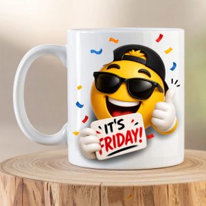 Friday Emoji Mug featuring a cool 3D emoji with sunglasses holding an It’s Friday sign