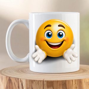 Hug Emoji Mug featuring a smiling 3D emoji with open arms