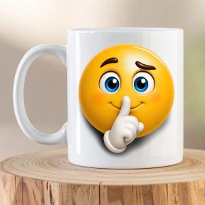 Shushing Emoji Mug with 3D smiling emoji making a quiet gesture