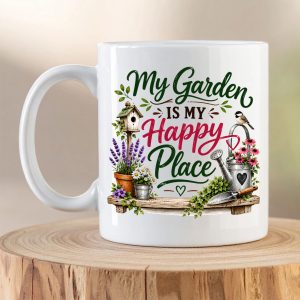 My Garden Is My Happy Place gardening mug with birdhouse and botanical artwork