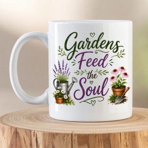 Gardens Feed The Soul gardening mug with botanical artwork
