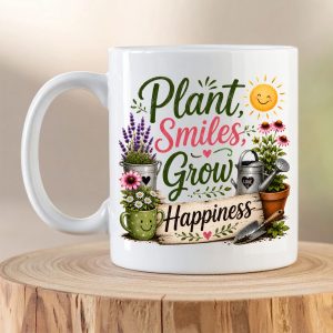 Plant Smiles Grow Happiness gardening mug with botanical artwork