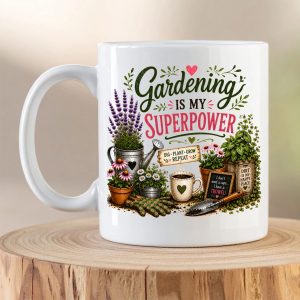 Gardening Is My Superpower gardening mug with botanical artwork