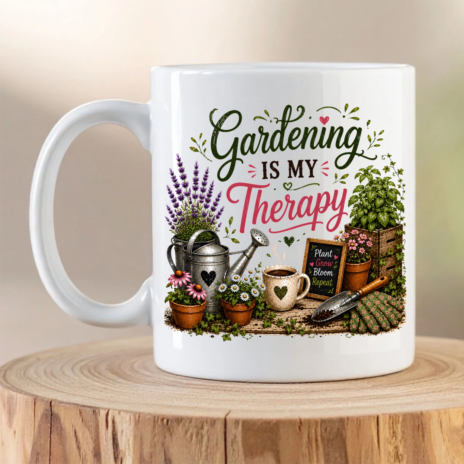Gardening Is My Therapy gardening mug with botanical artwork